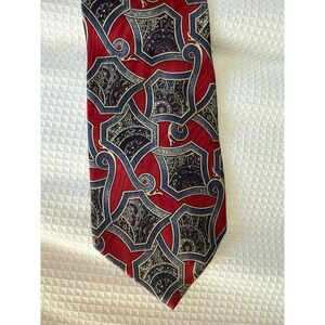 Anne Klein Mens Silk Tie Red Navy Blue Geometric Paisley Pattern Professional